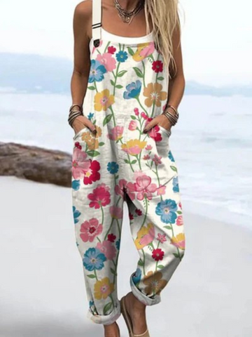 Women's Lovely Floral Art Print Casual Wide Leg Jumpsuit