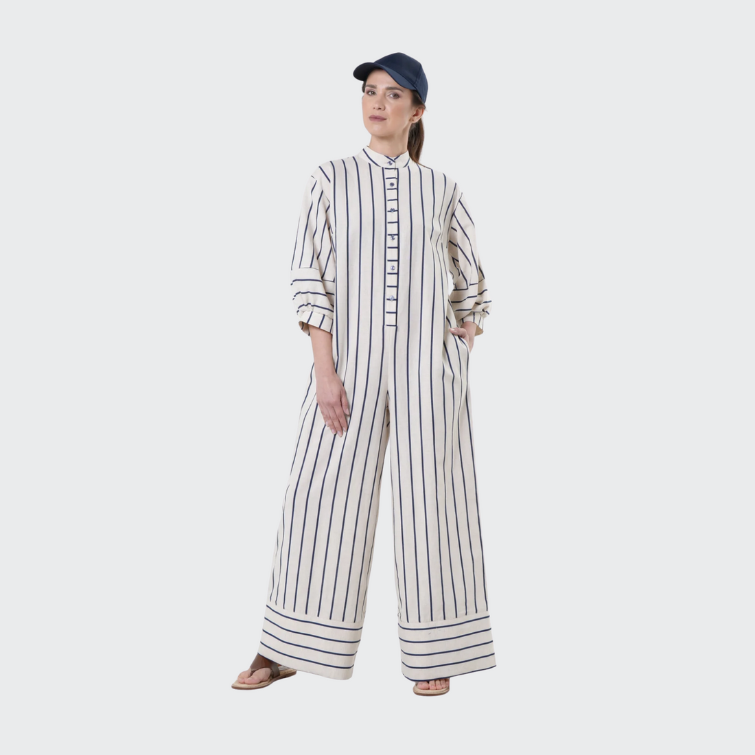 Duglam® Maxi Linen Jumpsuit – Khaki Stripes