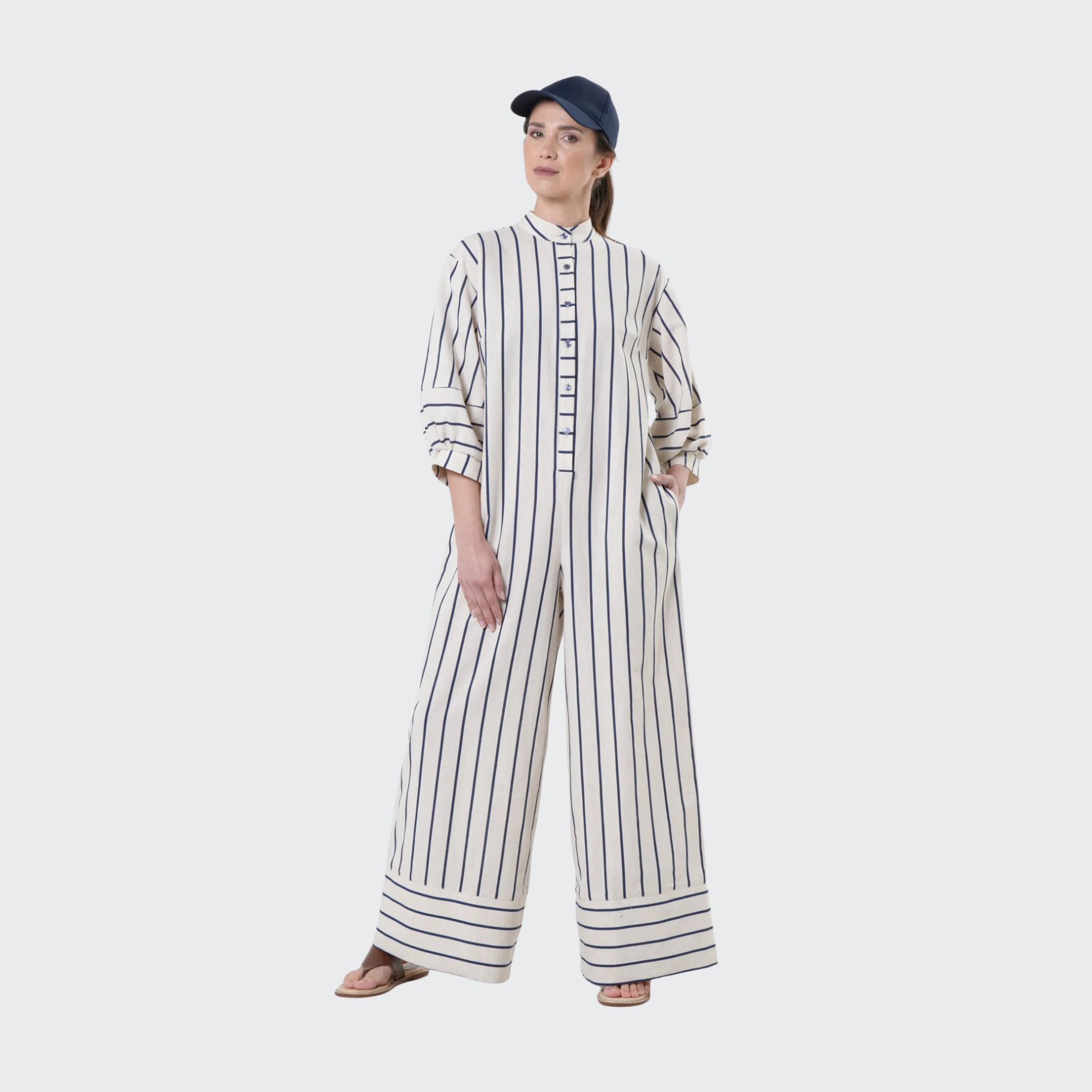 Duglam® Maxi Linen Jumpsuit – Khaki Stripes