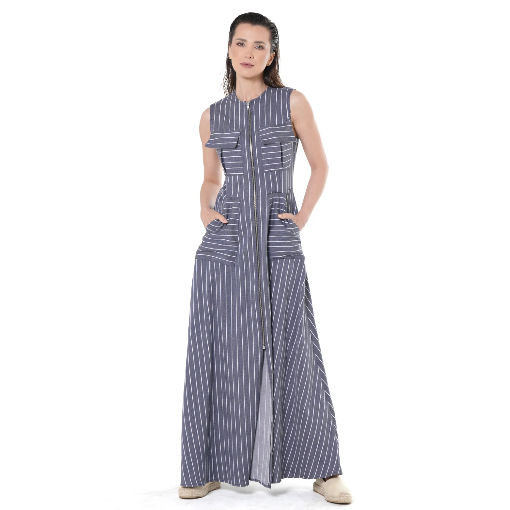 Duglam® Riviera Denim Maxi Dress – Light Blue Stripes
