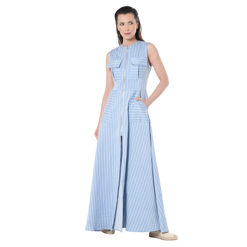 Duglam® Riviera Denim Maxi Dress – Light Blue Stripes