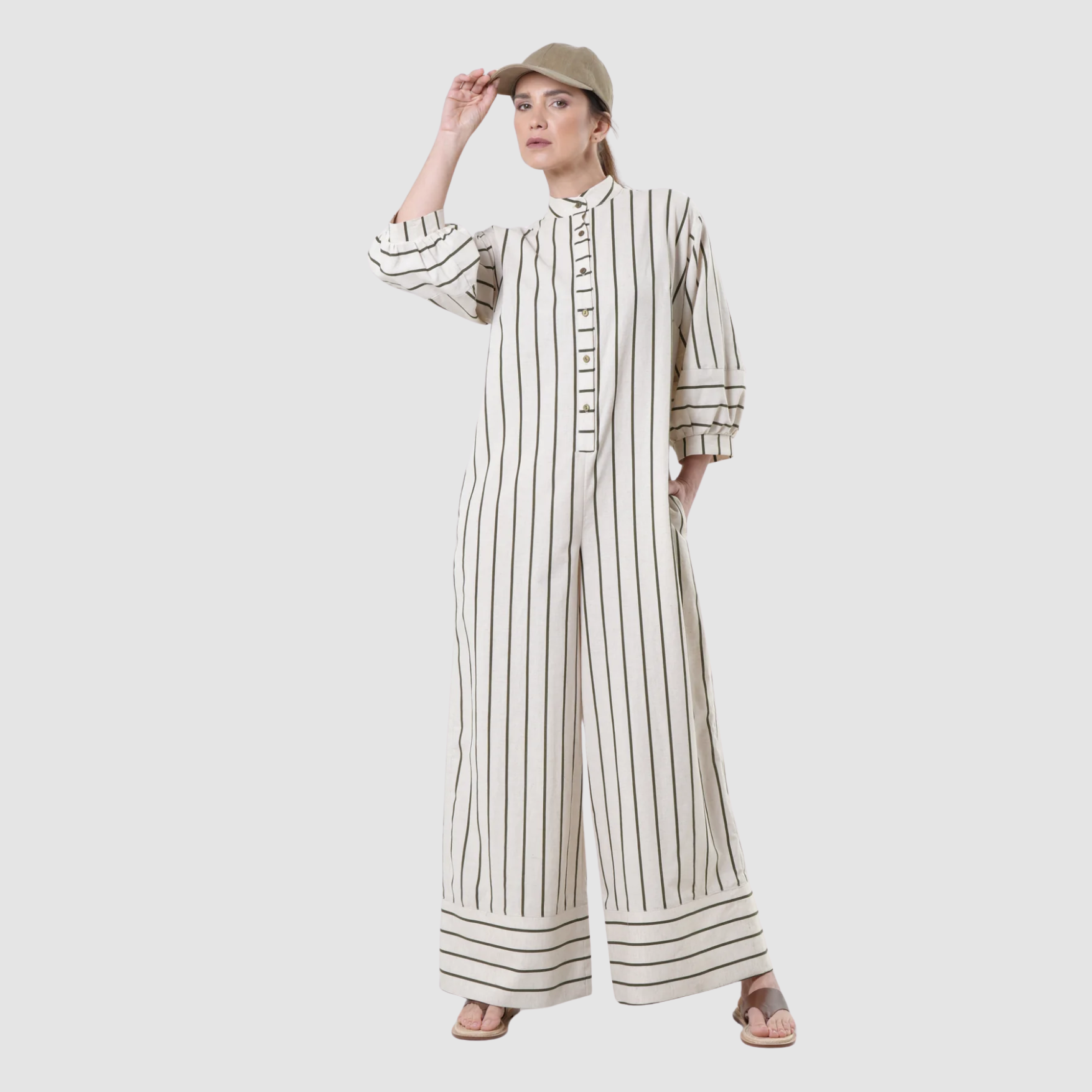 Duglam® Maxi Linen Jumpsuit – Khaki Stripes