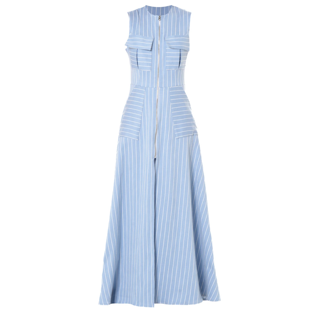 Duglam® Riviera Denim Maxi Dress – Light Blue Stripes