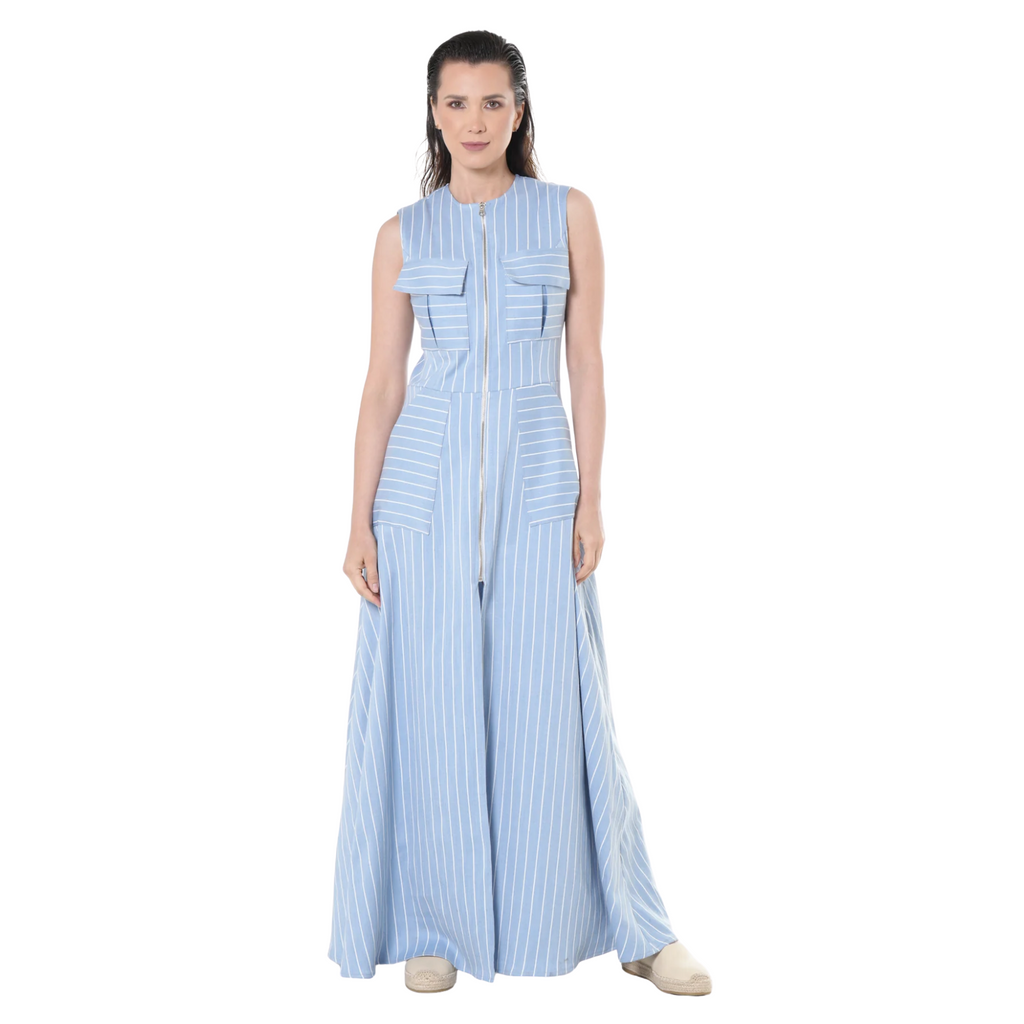 Duglam® Riviera Denim Maxi Dress – Light Blue Stripes