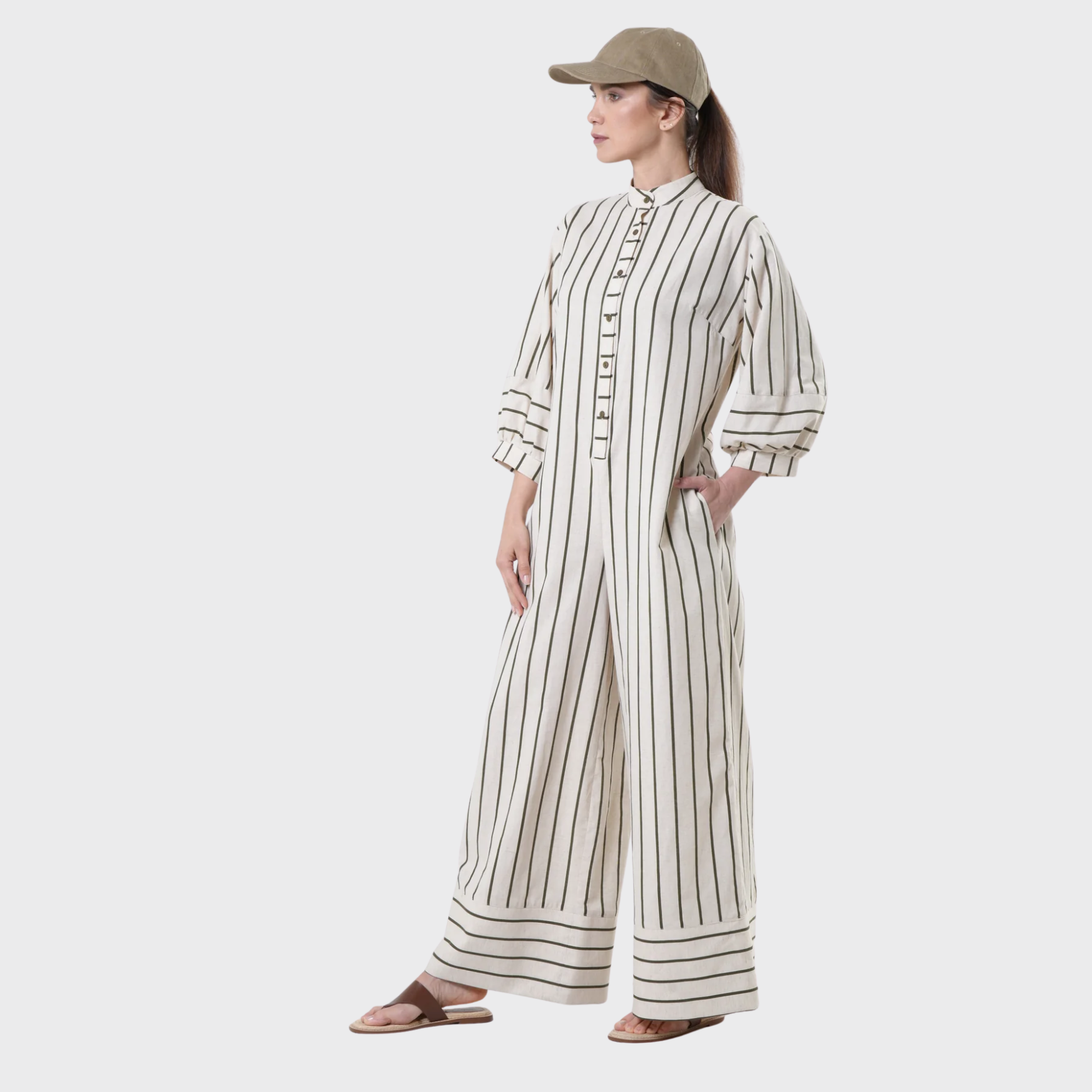 Duglam® Maxi Linen Jumpsuit – Khaki Stripes