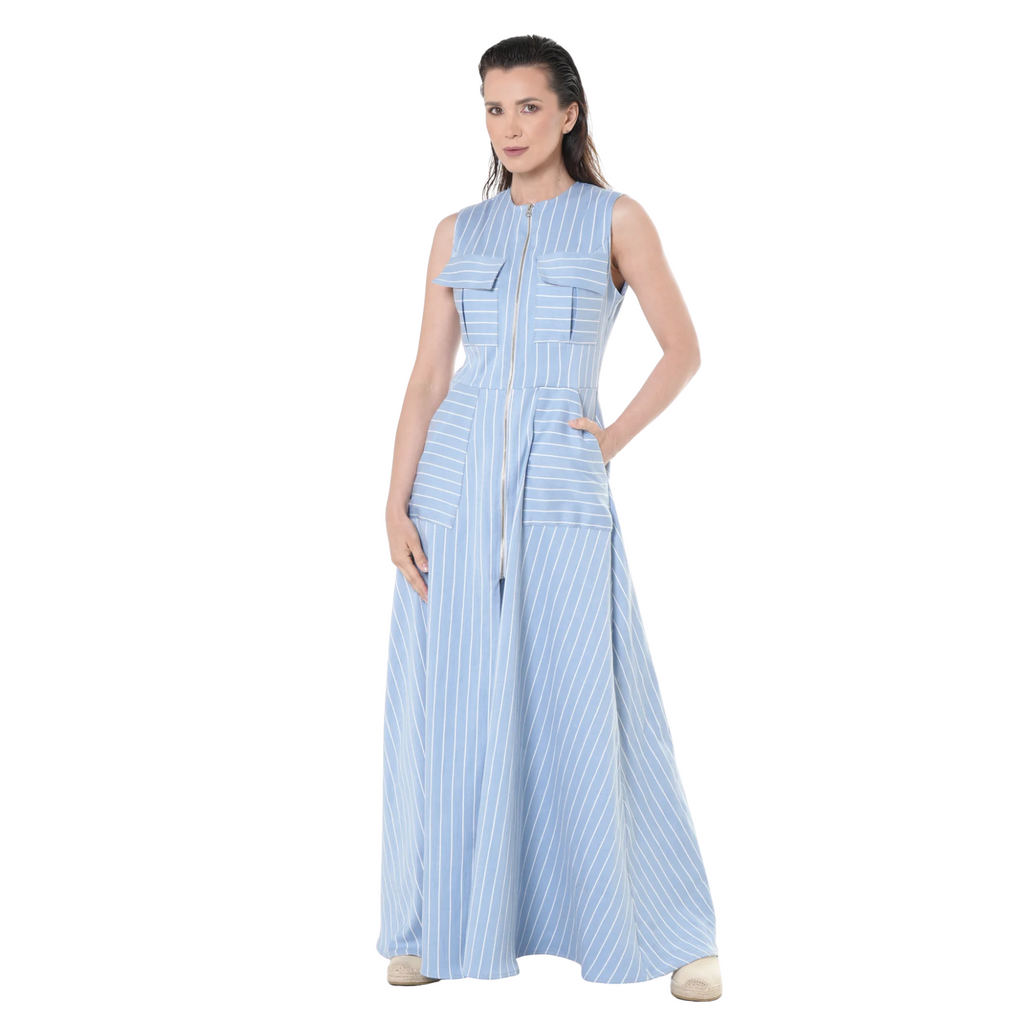 Duglam® Riviera Denim Maxi Dress – Light Blue Stripes