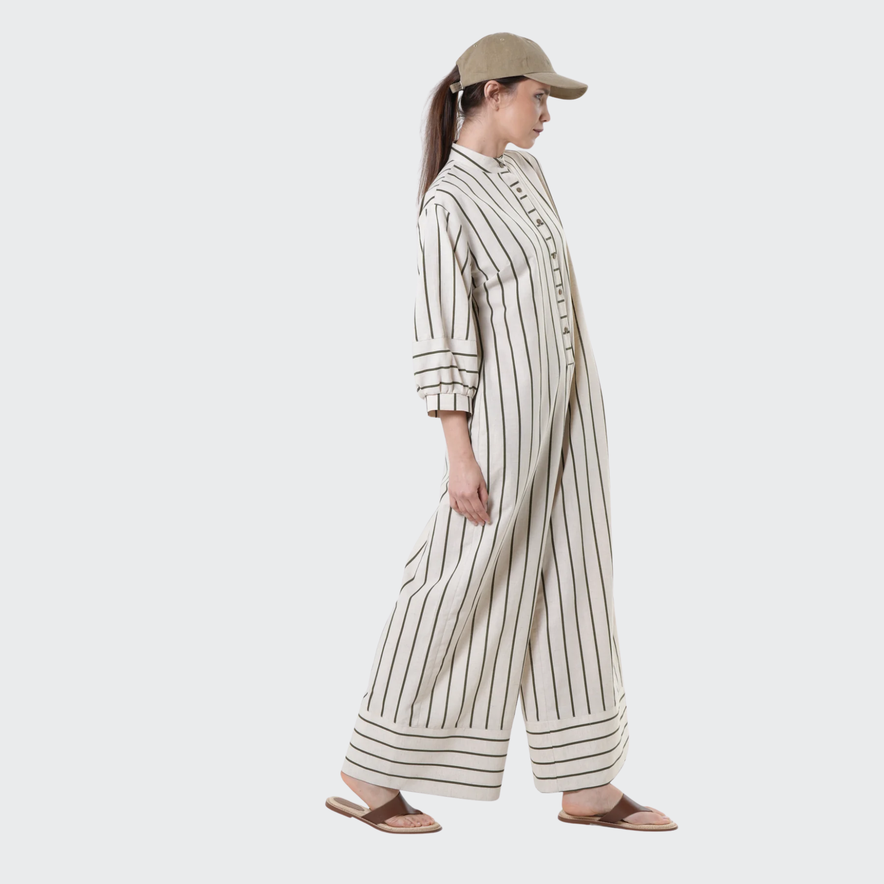 Duglam® Maxi Linen Jumpsuit – Khaki Stripes