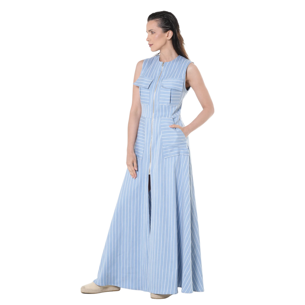 Duglam® Riviera Denim Maxi Dress – Light Blue Stripes