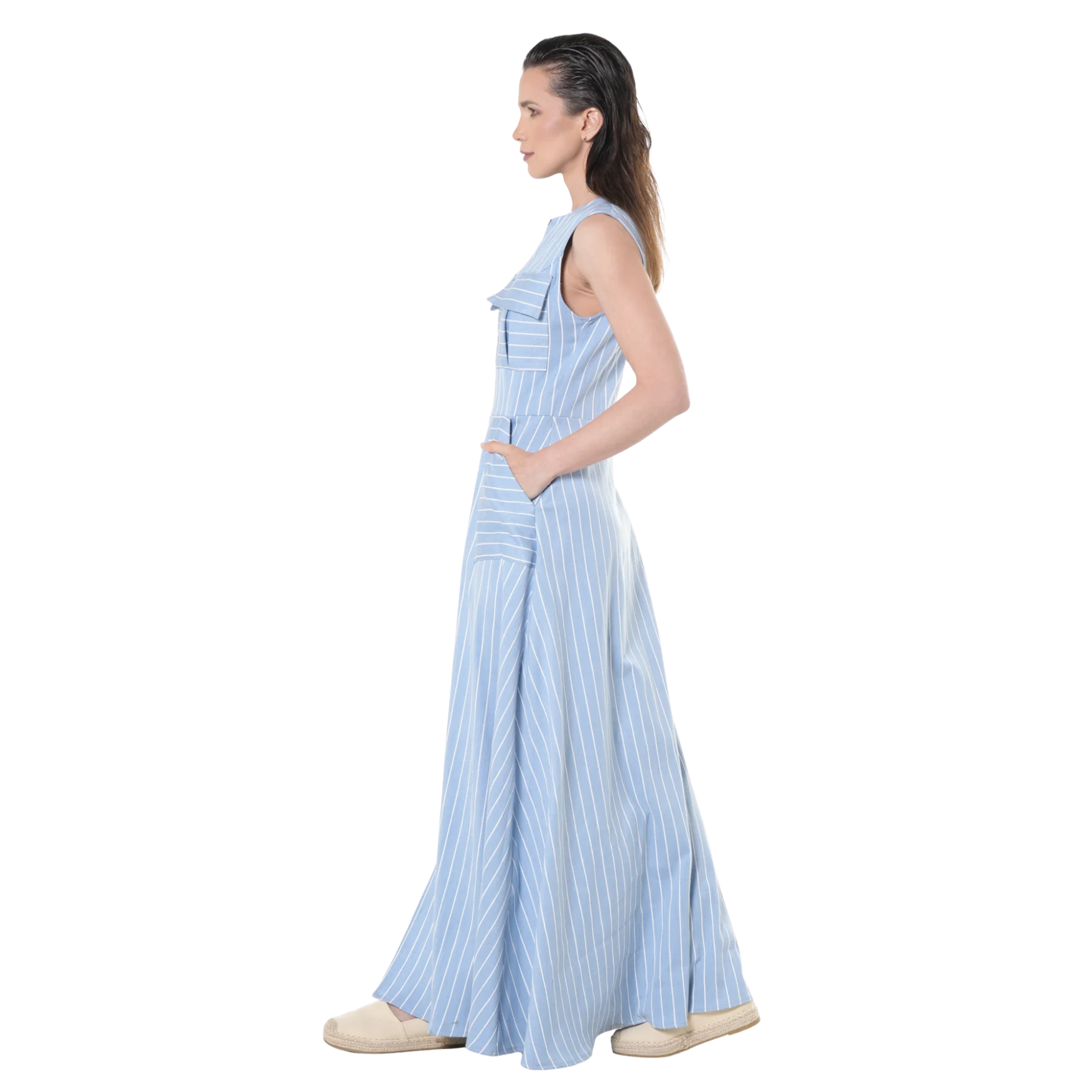 Duglam® Riviera Denim Maxi Dress – Light Blue Stripes