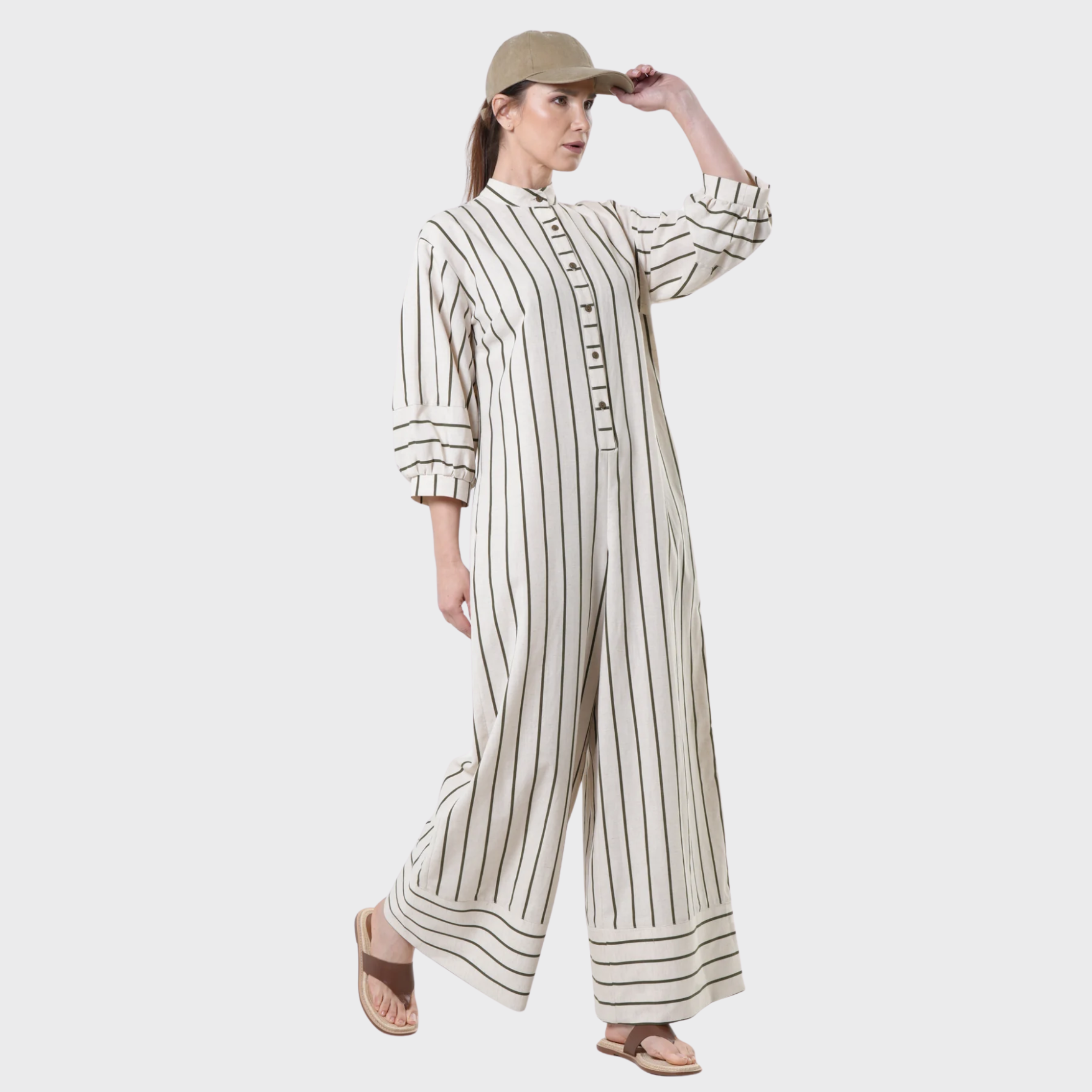 Duglam® Maxi Linen Jumpsuit – Khaki Stripes