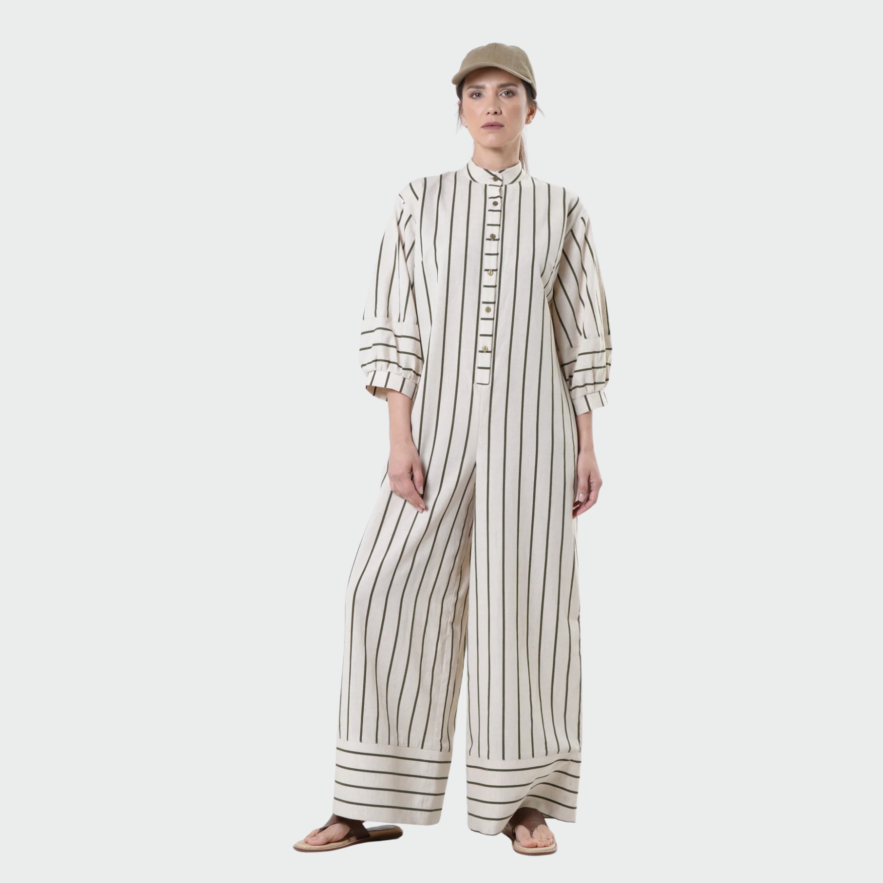 Duglam® Maxi Linen Jumpsuit – Khaki Stripes