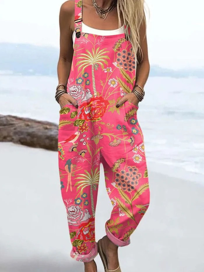 Women's  Vintage Flowers Art Print Casual  Wide Leg Jumpsuit